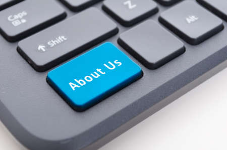 Blue about us button on keyboard as information contact info concept