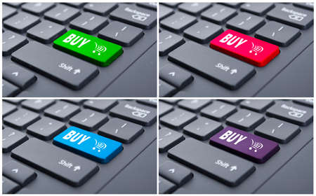 Conceptual collage of buy button on keyboard in different colors with shopping cart symbol