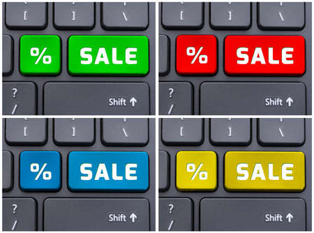 Close-up of sale button on modern keyboard  in four colors as ecommerce concept