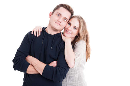 Happy couple posing as being perfect and joyful isolated on white background with copy text spaceの写真素材