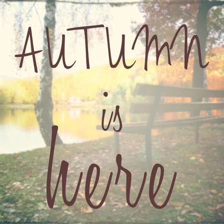 Motivational text with phrase autumn is here with bench in background