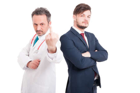 Businessman and male doctor insulting you by showing middle finger isolated on whiteの写真素材