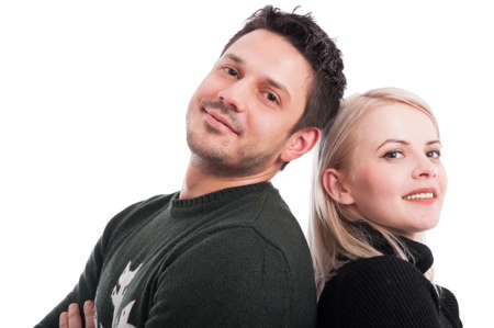 Close-up portrait of young lovers standing close to each other isolated on white background