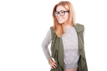 Fashion model girl in casual outfit and eyeglasses isolated on white background with copy text spaceの写真素材