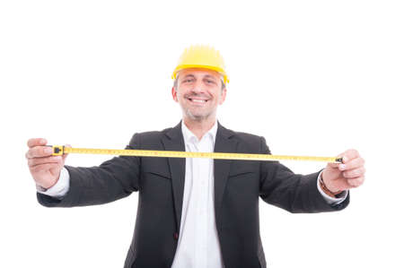 Smiling architect posing holding measuring tape isolated on white background