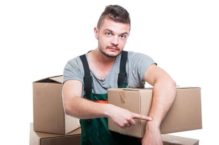 Mover guy holding cardboard showing time or being late gesture isolated on white backgroundの写真素材
