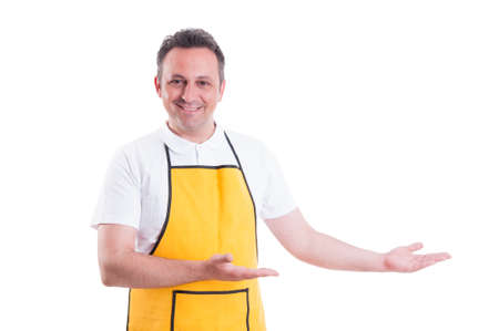 Trustworthy hypermakert employee inviting you inside and smiling on white studio background