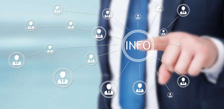 Businessman pointing the info contact button of many worldwide people on touchscreen
