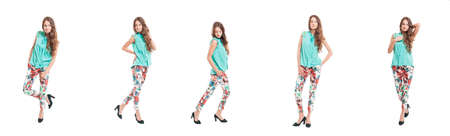 Young girl wearing  trendy chic clothes in set of five pictures isolated on white backgroundの写真素材