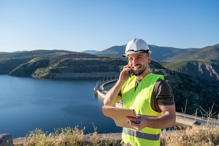 Engineer talking on phone at hydroelectric power plant damの写真素材