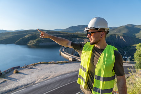 Engineer pointing at a hydroelectric power plant and reservoir