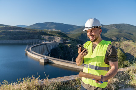 Engineer using mobile phone near hydroelectric dam for renewable energyの写真素材