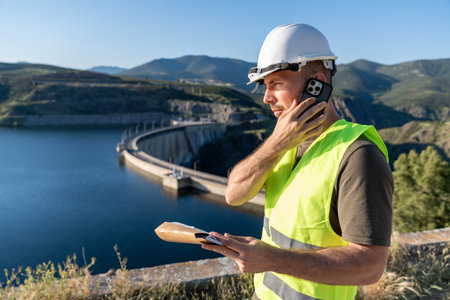 Engineer making a phone call while inspecting a reservoir damの写真素材