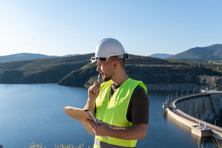 Quality controller inspecting a reservoir and dam