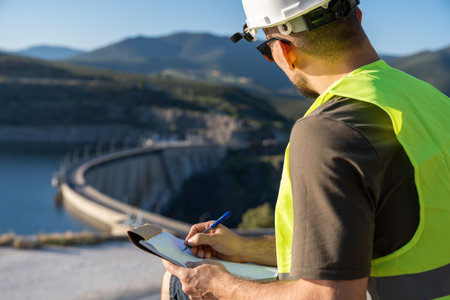 Quality controller inspecting a dam and taking notesの写真素材
