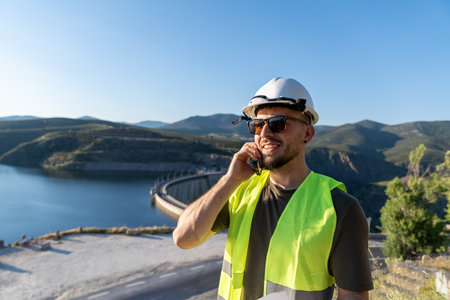Smiling engineer talking on phone near dam and lake