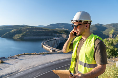 Engineer making a call holding blueprints near a damの写真素材