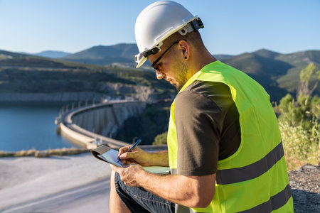 Engineer inspecting dam and taking notes on a notebookの写真素材
