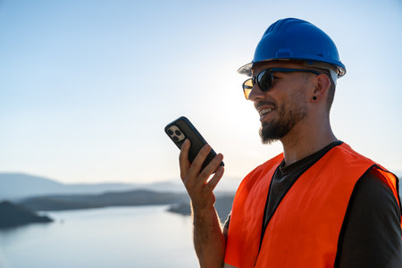 Engineer wearing hardhat and safety vest using smartphone at construction site