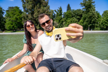 Tourists taking selfie while rowing boat in retiro park, madridの写真素材