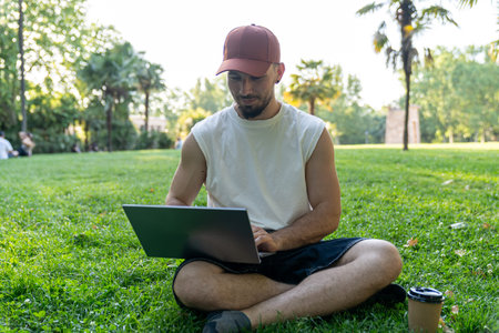 Freelancer working with laptop in park near debod temple, madridの写真素材