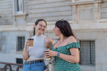 Two smiling friends enjoying coffee during summer vacation in madridの写真素材