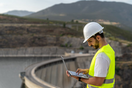 Engineer supervising water resources and renewable energy at dam, in profile view while typing on a...