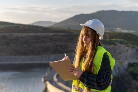 Female engineer inspecting a reservoir dam, taking notes on a clipboard, with a background of mountains, water, and skyの写真素材