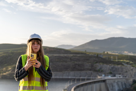 Young adult female engineer using smartphone near water dam for occupational safety, with mountains, sky, and water in the backgroundの写真素材