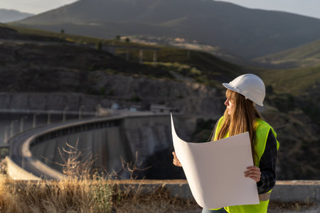 Female engineer examining a blueprint near a dam, looking towards the reservoir at sunset