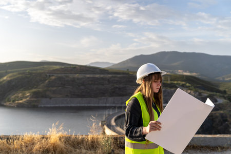 Young blonde female engineer examining a blueprint near a reservoir dam in mountainous terrain