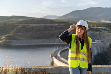 Female engineer adjusting hardhat at dam construction siteの写真素材