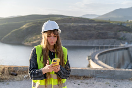Female engineer using smartphone near dam for risk preventionの写真素材