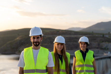 Engineers wearing safety vests and helmets working at sunset near a dam