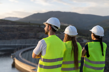 Engineers observing dam and reservoir in mountain valley