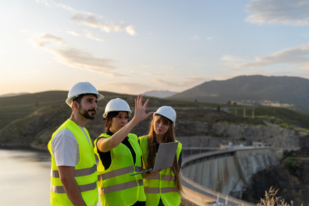 Engineers using laptop discussing project near dam at sunsetの写真素材