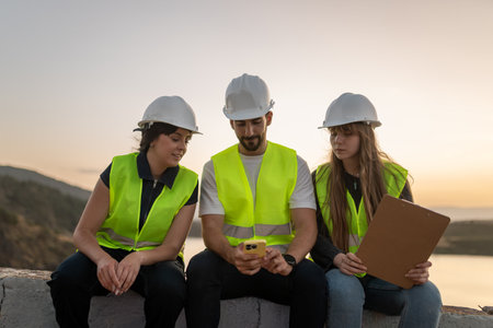 Engineers using mobile app for construction site digitalization at sunsetの写真素材