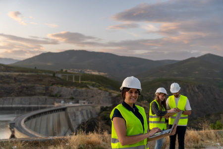 Engineers using laptop at dam construction site during sunsetの写真素材