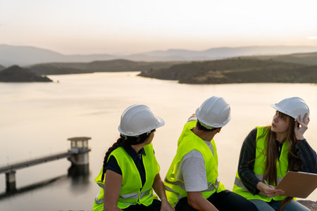 Engineers inspecting a reservoir dam at sunset: teamwork and infrastructure developmentの写真素材