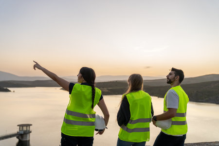 Engineers inspecting reservoir at sunset: teamwork and sustainability in infrastructure projects