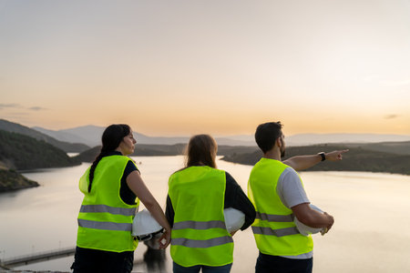 Young engineer pointing at lake during team discussion about future infrastructure project at sunsetの写真素材