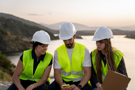 Engineers using smartphone near lake at sunset: teamwork and technology in infrastructure projectsの写真素材