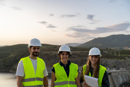 Young engineers inspecting a reservoir dam at sunsetの写真素材