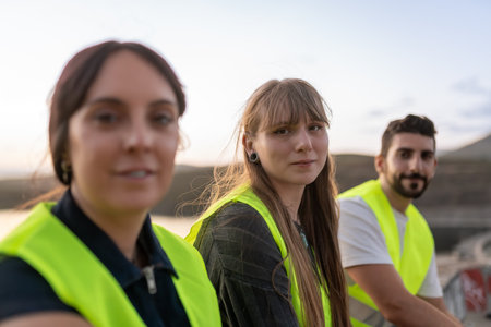Young engineers wearing safety vest posing outdoorsの写真素材