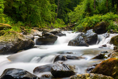 Long exposure on river flowing through rocks and spring green forest.の写真素材