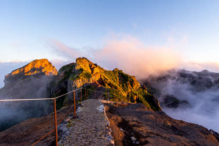 Starting pathway to Pico Ruivo peak at golden hour, Madeira, Portugal.の写真素材