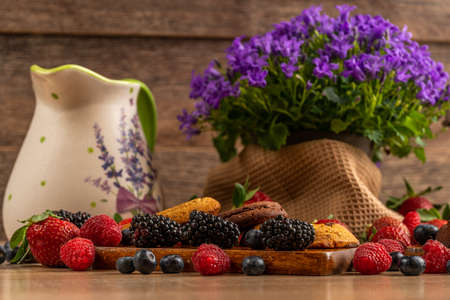 Forest fruits, chocolate biscuits with campanula and ceramic jugの写真素材