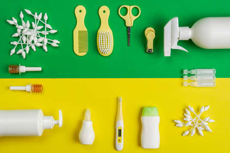 Top view of baby healthcare essentials with copy spaceの写真素材
