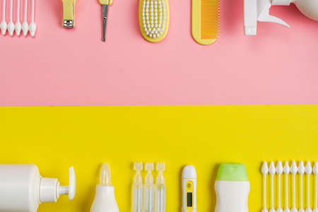 Newborn grooming essentials and first aid kit, top viewの写真素材