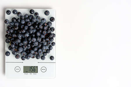 Electronic kitchen scale with blueberries, with copy spaceの写真素材